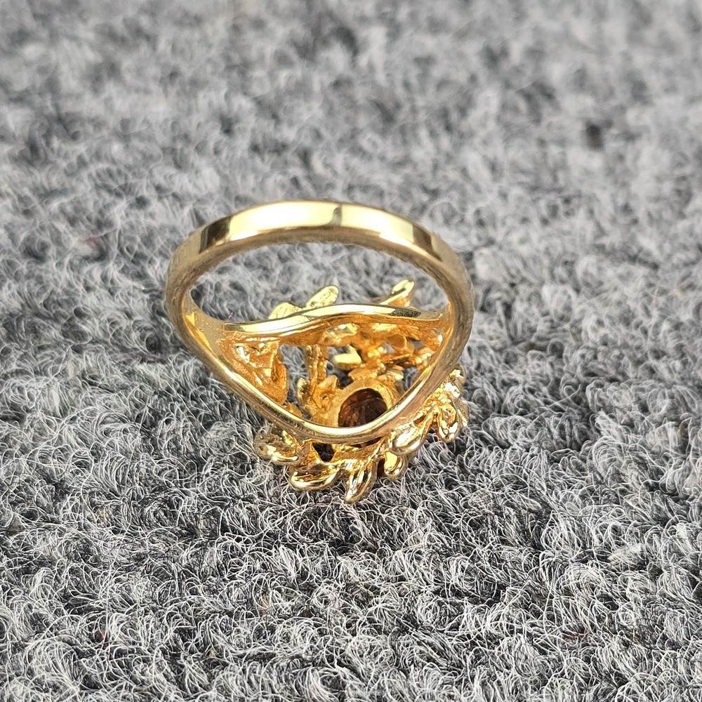 Vintage 18K GE Floral Ring Brown Topaz Rhinestone Size 8 Gold Tone - Picture 5 of 8
